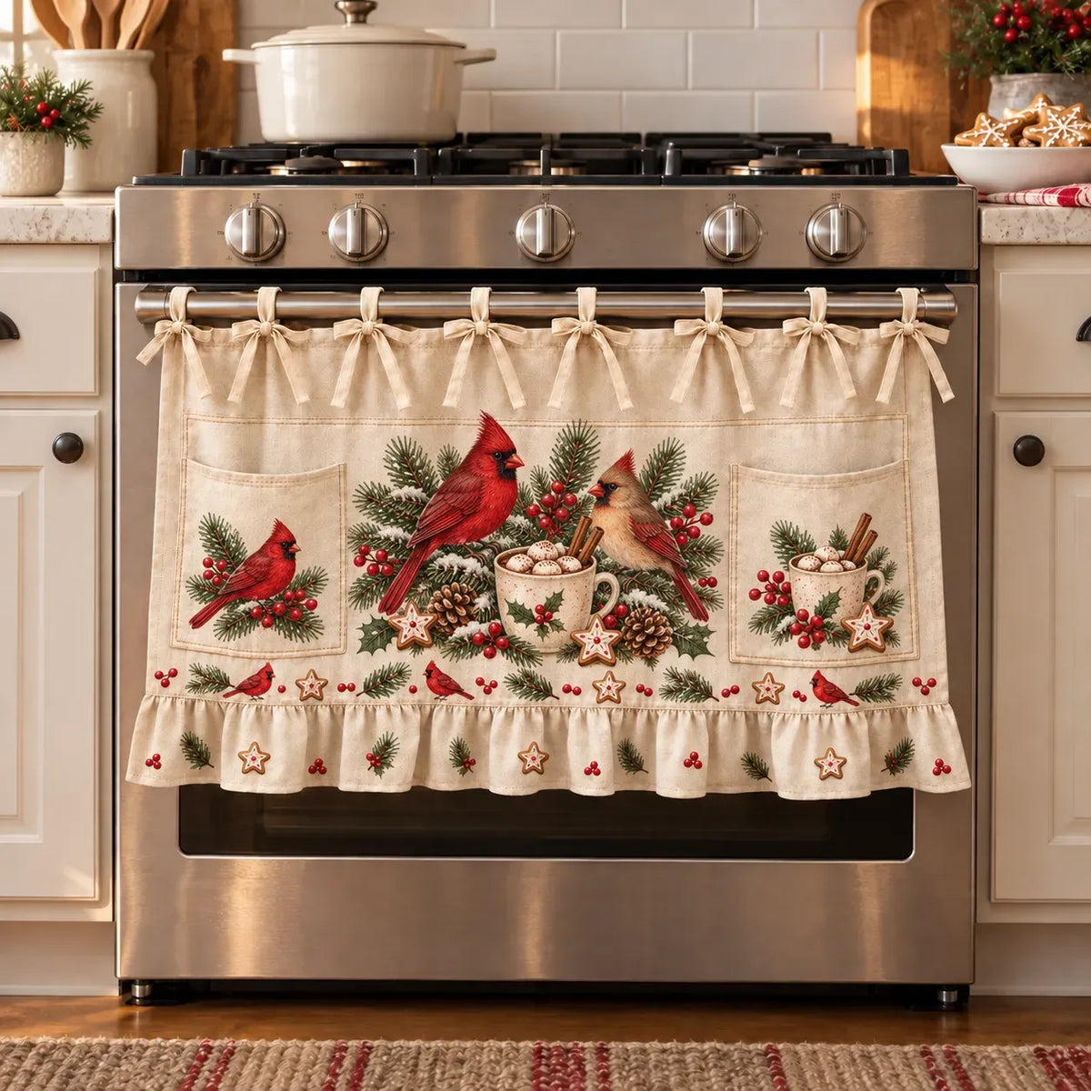 🎄 Christmas Kitchen Tie-On Skirt with Pockets & Ruffled Trim - Appliance Valance