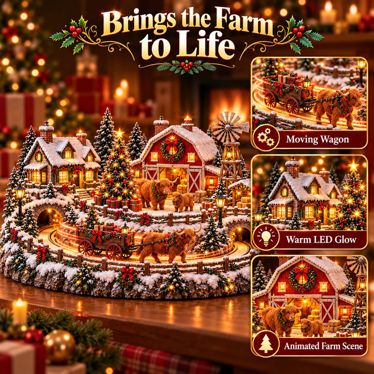 🐮 Highland Cow Christmas Farm Village – Animated Holiday Scene