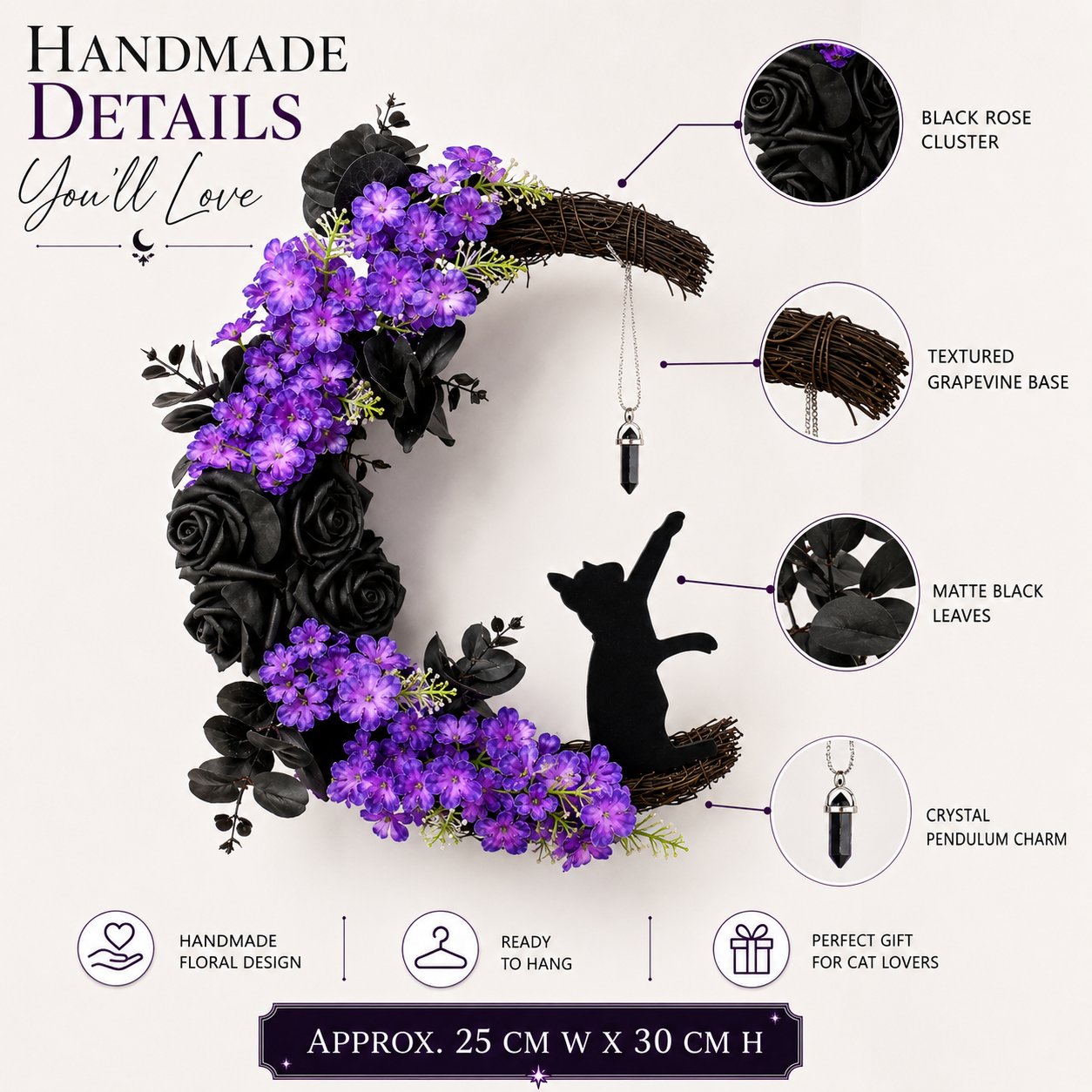 🌙 Halloween Crescent Moon Cat Wreath – Add A Witchy Purple Glow To Your Door 🐈‍⬛