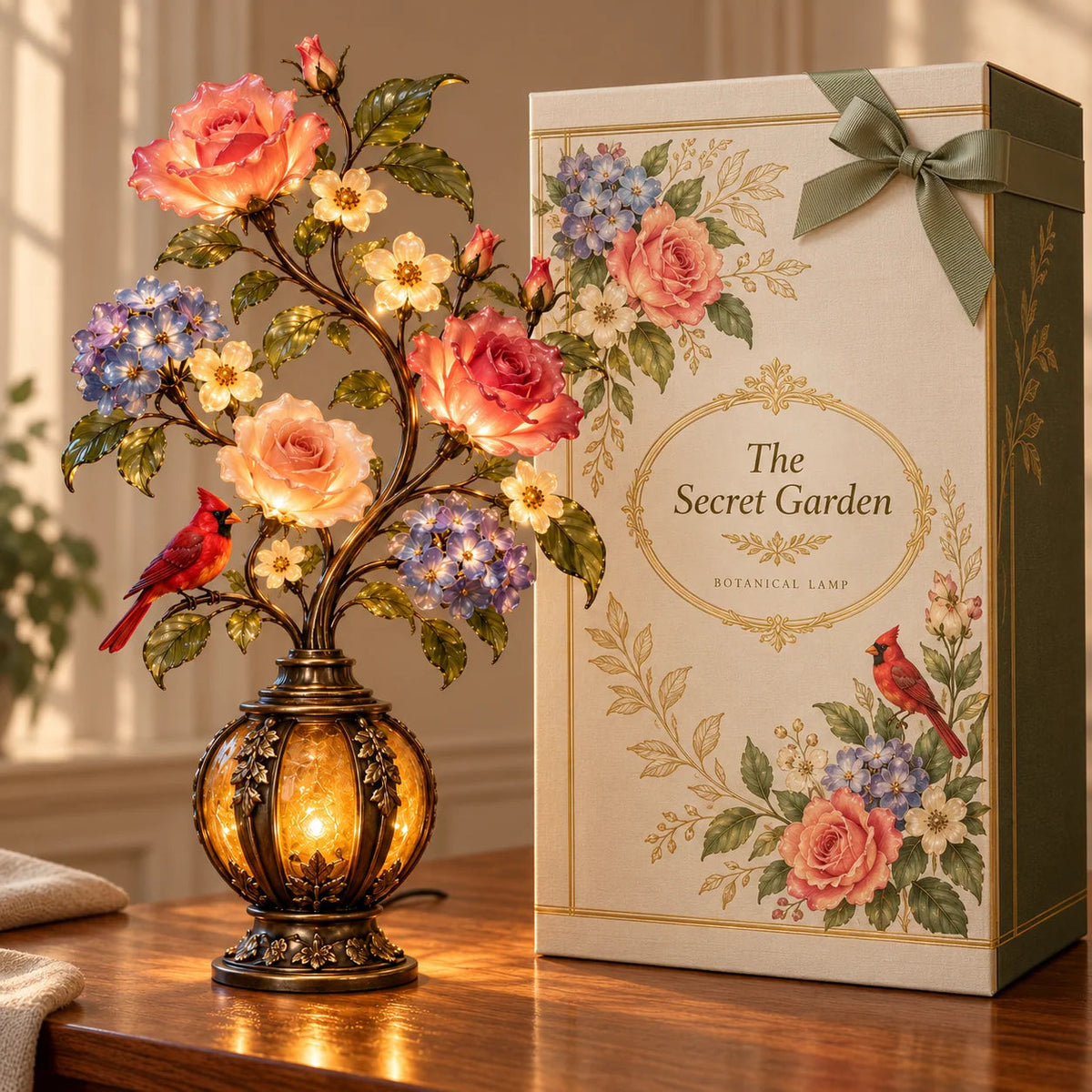 🌹✨ Eternal Bloom – Vintage Rose & Cardinal Table Lamp