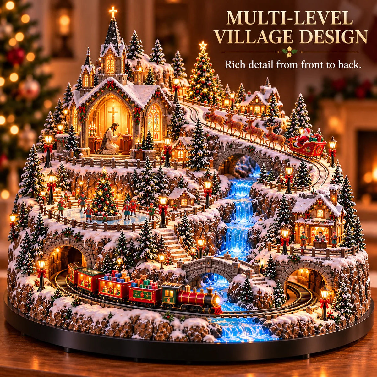 ✨ LAST DAY 49% OFF 🔥 Lighted Animated Christmas Village with Train, Reindeer Sleigh & Waterfall ✨