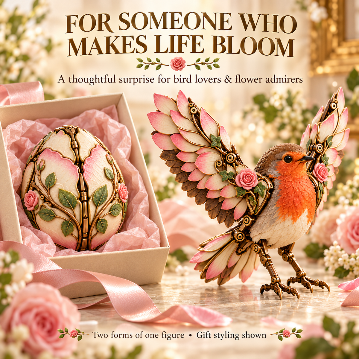 🌹 48% OFF Rose Egg Transforming Robin – 2-in-1 Botanical Mechanical Figure 🐦