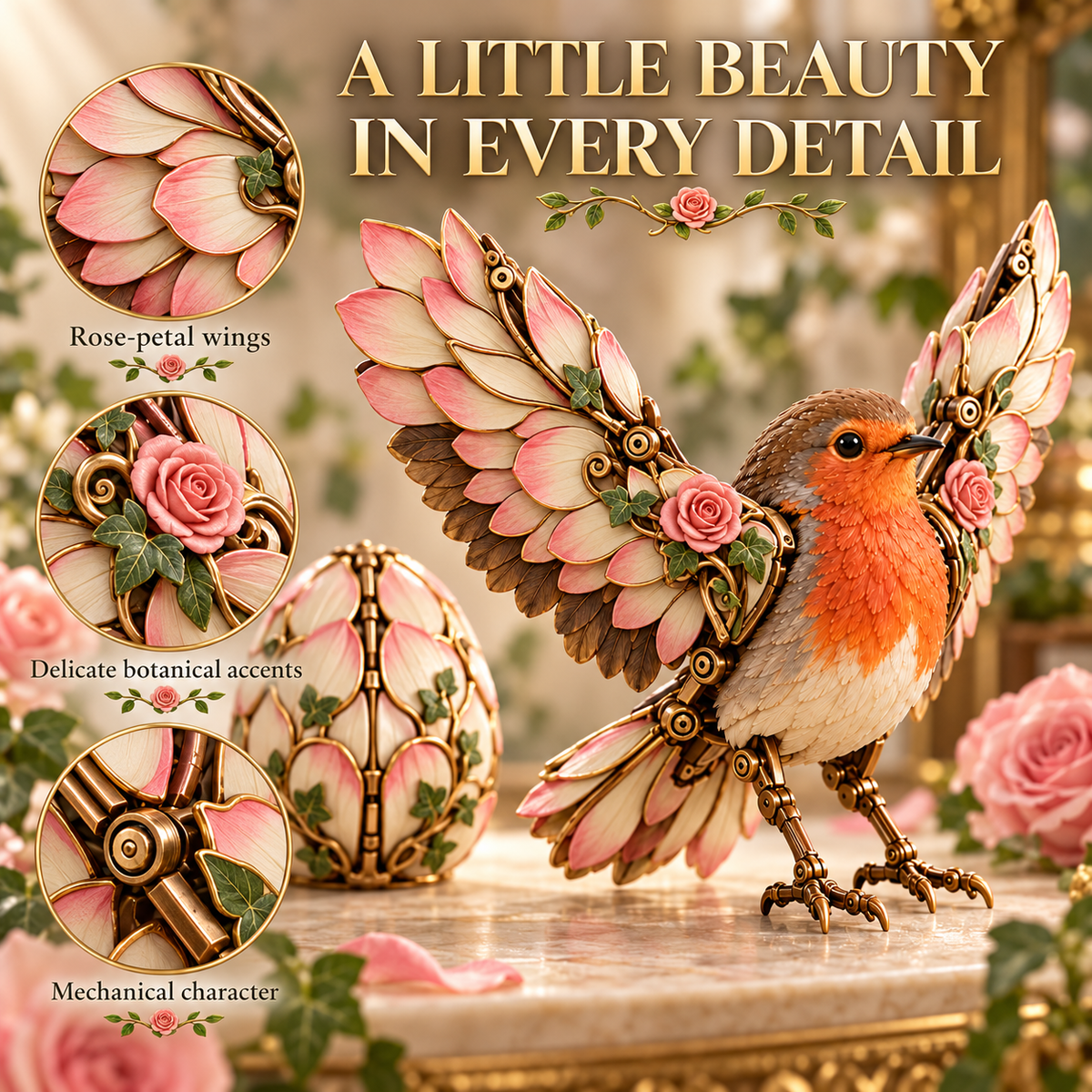 🌹 48% OFF Rose Egg Transforming Robin – 2-in-1 Botanical Mechanical Figure 🐦
