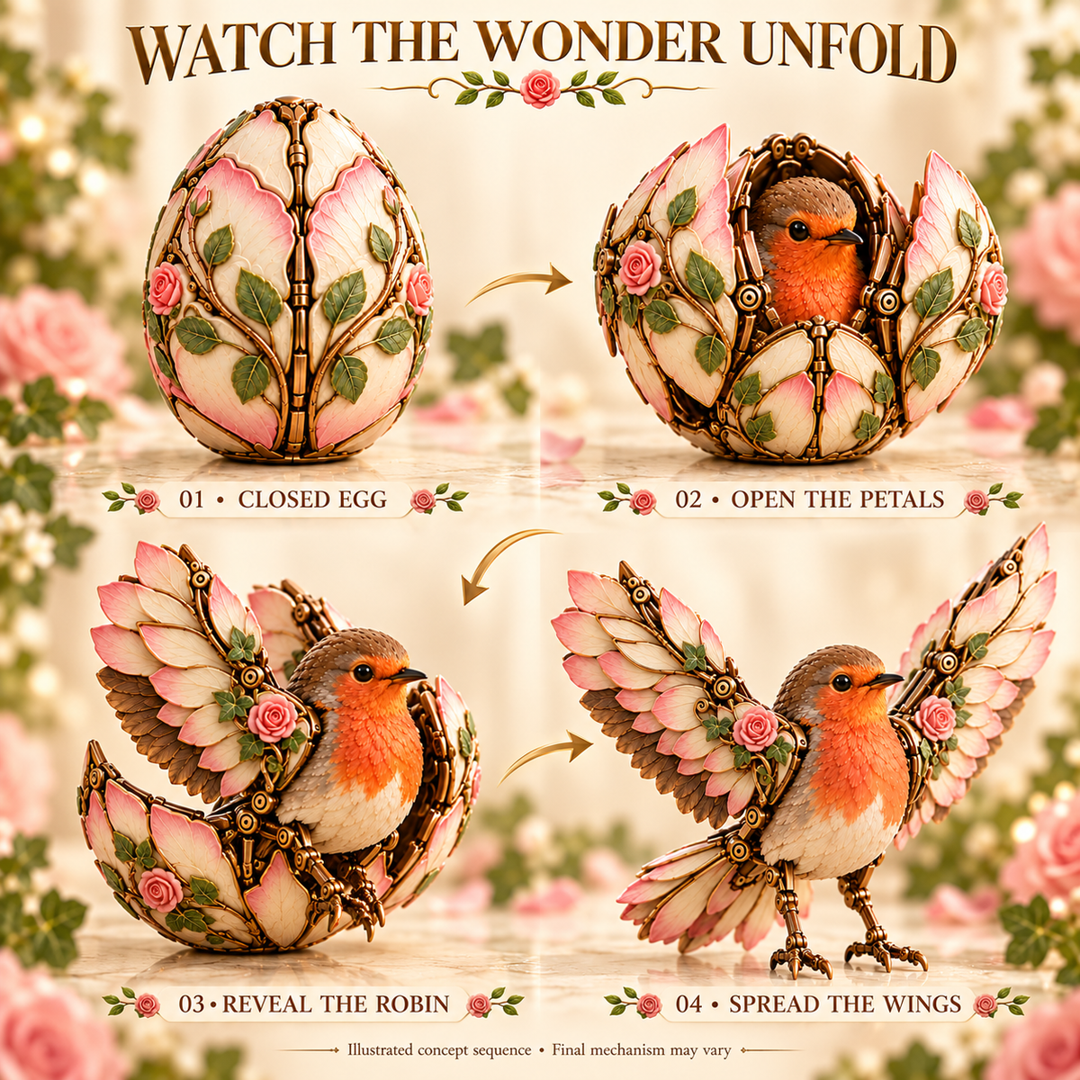 🌹 48% OFF Rose Egg Transforming Robin – 2-in-1 Botanical Mechanical Figure 🐦