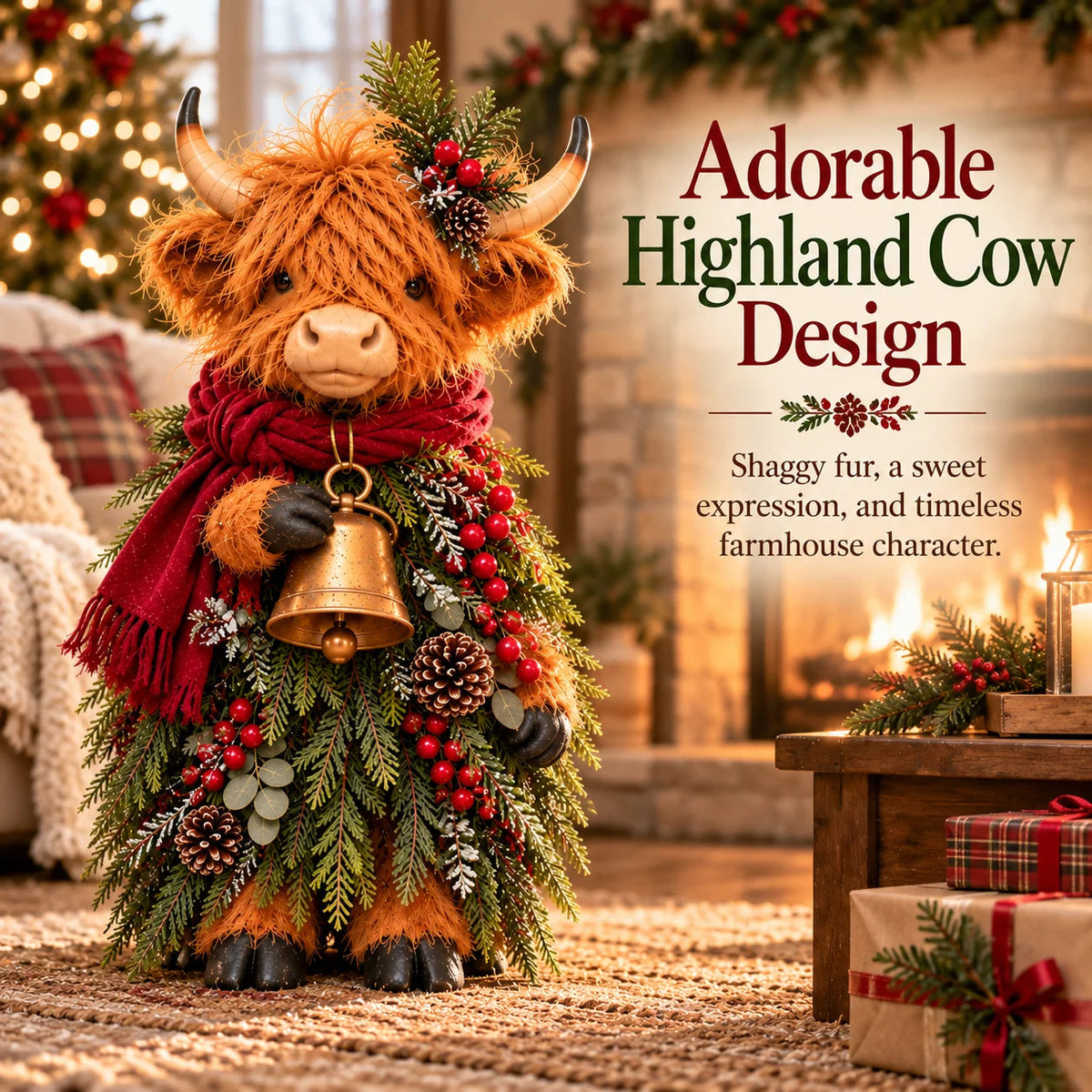 🎄 Christmas Highland Cow with Bell - Rustic Farmhouse Holiday Figurine with Evergreen Accents & Burgundy Scarf