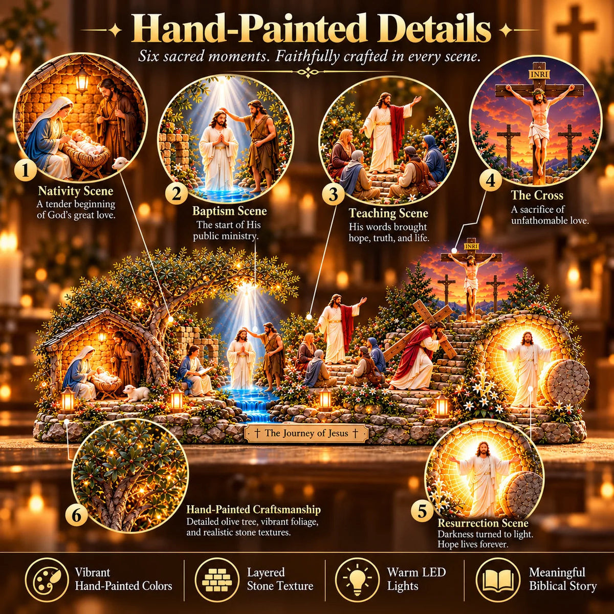 ✝️✨ The Journey of Jesus™ – Lighted 3D Biblical Story Centerpiece | Six Sacred Moments of Faith