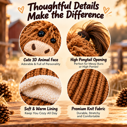 🐮🐴 Cozy Farm Friends™ – Highland Cow & Horse Ponytail Beanie | Cute Animal Knit Winter Hat for Men & Women
