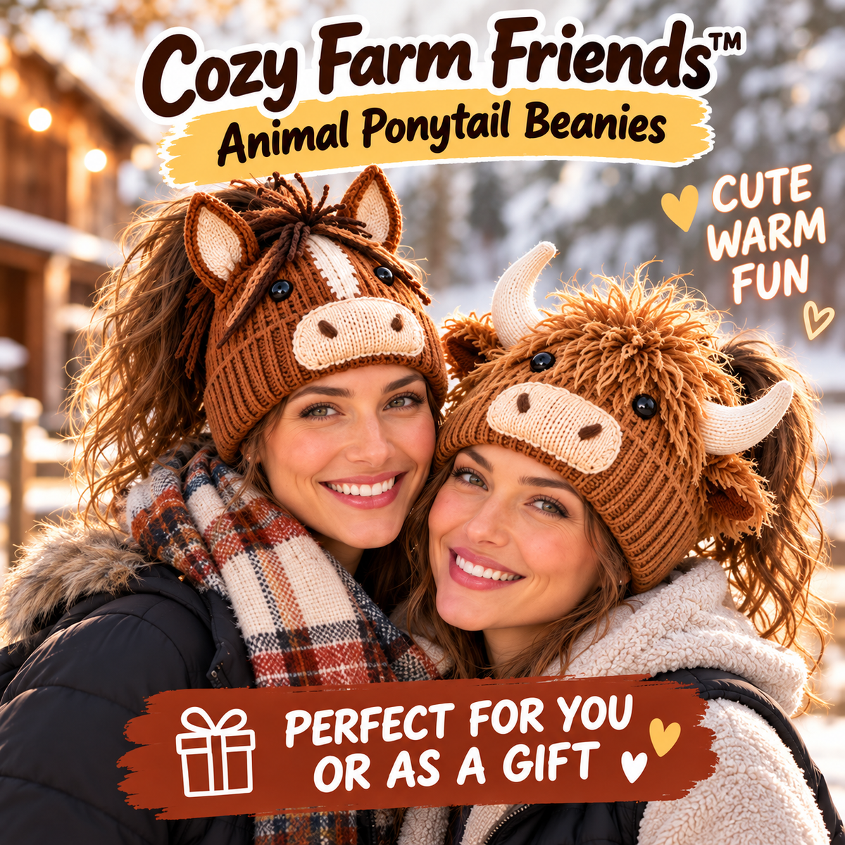 🐮🐴 Cozy Farm Friends™ – Highland Cow & Horse Ponytail Beanie | Cute Animal Knit Winter Hat for Men & Women