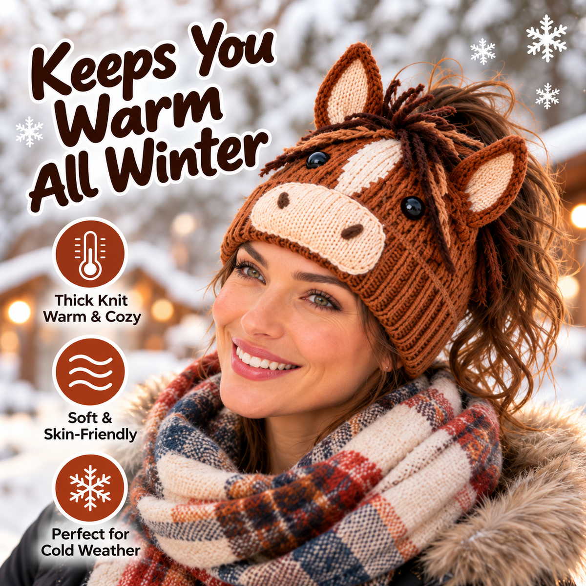 🐮🐴 Cozy Farm Friends™ – Highland Cow & Horse Ponytail Beanie | Cute Animal Knit Winter Hat for Men & Women