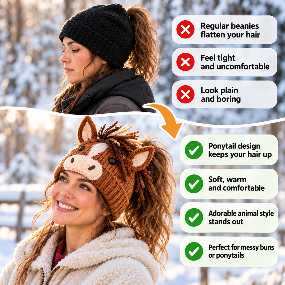 🐮🐴 Cozy Farm Friends™ – Highland Cow & Horse Ponytail Beanie | Cute Animal Knit Winter Hat for Men & Women