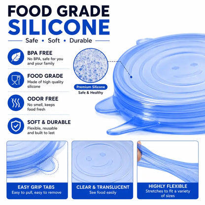🥗 6-Pack Silicone Stretch Lids – Reusable, BPA-Free & Leak-Proof Covers for Bowls, Pots, Cups & Fruits