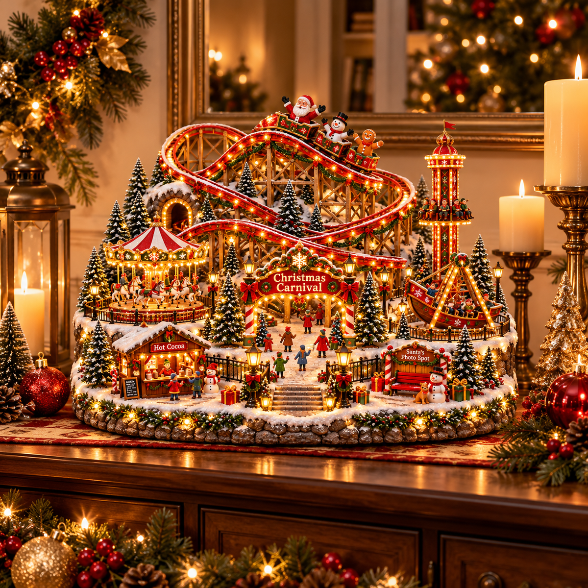 🎢 Magical Christmas Carnival Village – Animated Roller Coaster & Lighted Holiday Decor
