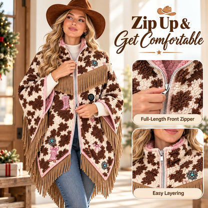 🤠 Heated Sherpa Fringe Poncho – 3 Heat Settings, Cozy Western Cowgirl Wrap in 3 Prints 🔥