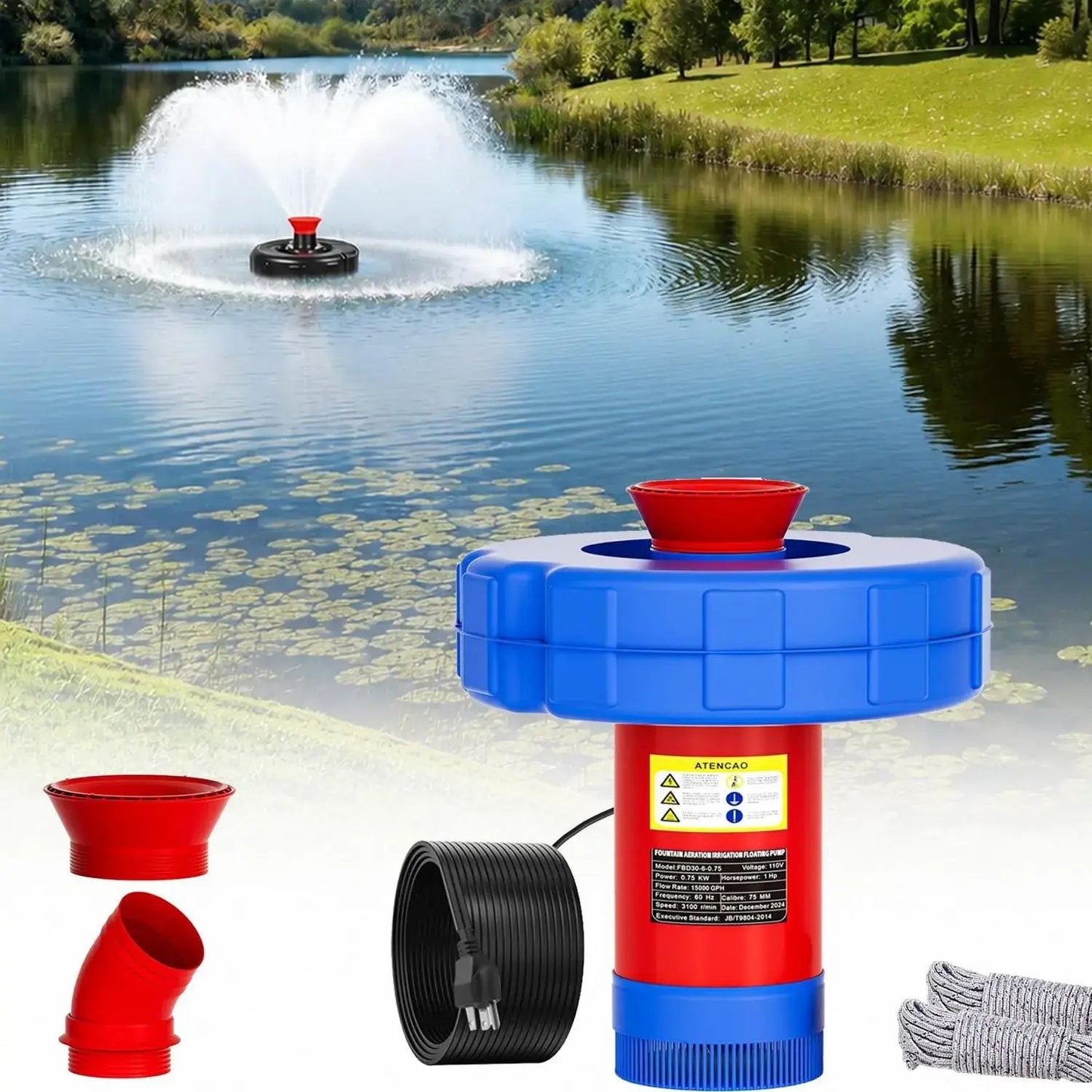 💧 1HP Pond Fountain Aerator – 15000 GPH Floating Lake Pump
