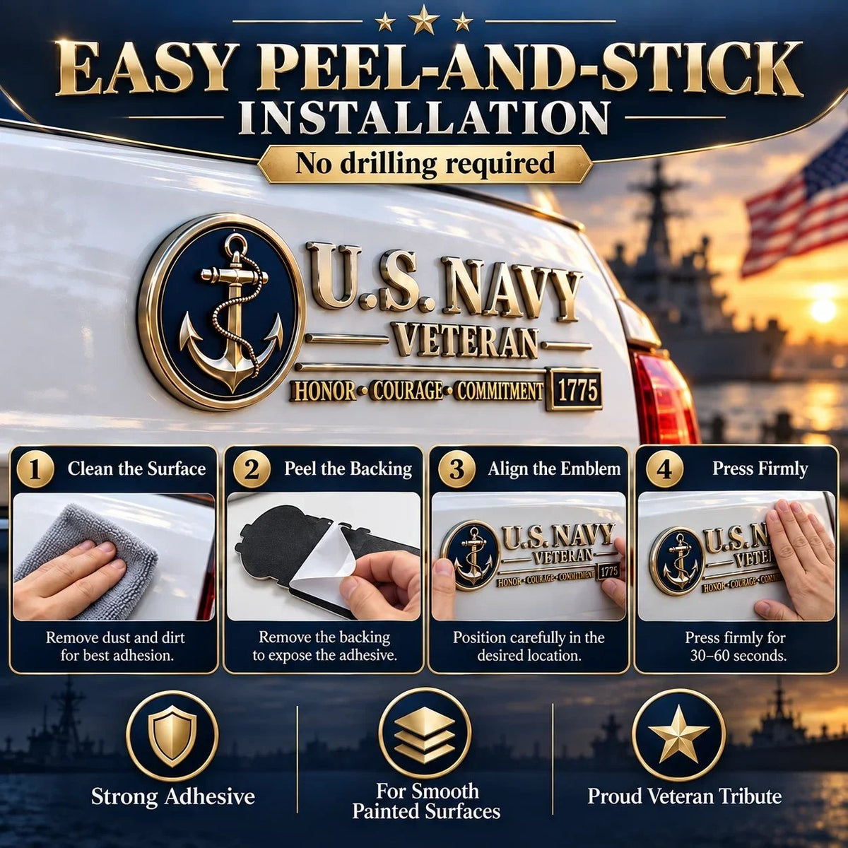 ⚓ U.S. Navy Veteran Metal Car Emblem - 3D Adhesive Vehicle Badge