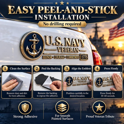 ⚓ U.S. Navy Veteran Metal Car Emblem - 3D Adhesive Vehicle Badge