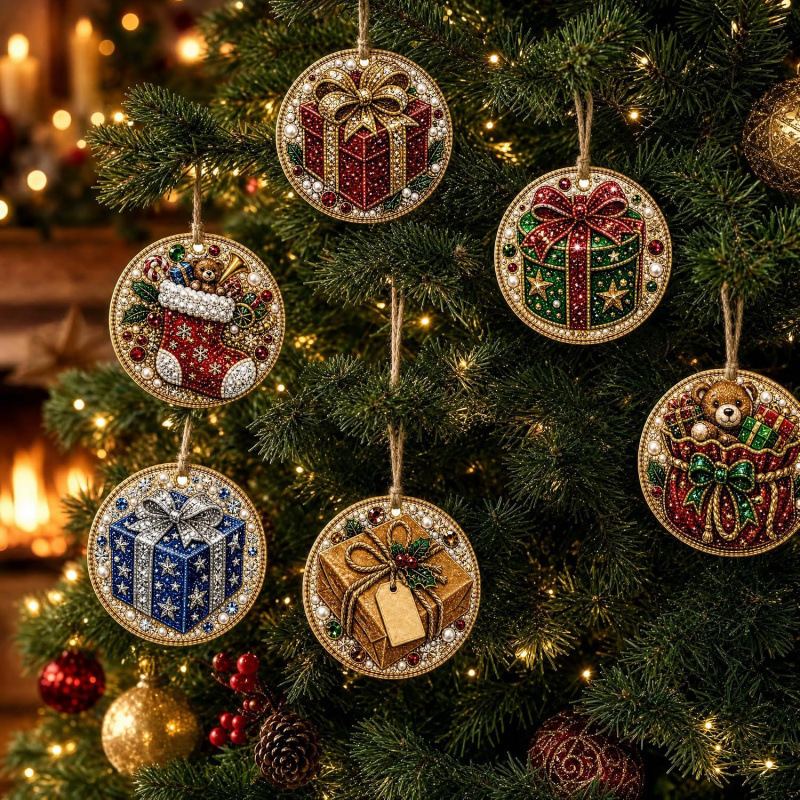 🎄 6-Piece Christmas Diamond Art Wooden Ornament Kit – DIY Pearl & Rhinestone Crafts ✨