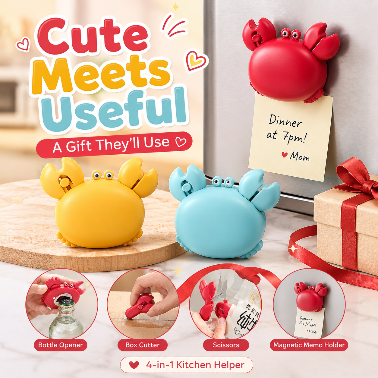 🦀 Cute 4-in-1 Crab Kitchen Gadget – Open, Cut, Slice & Stick Anywhere