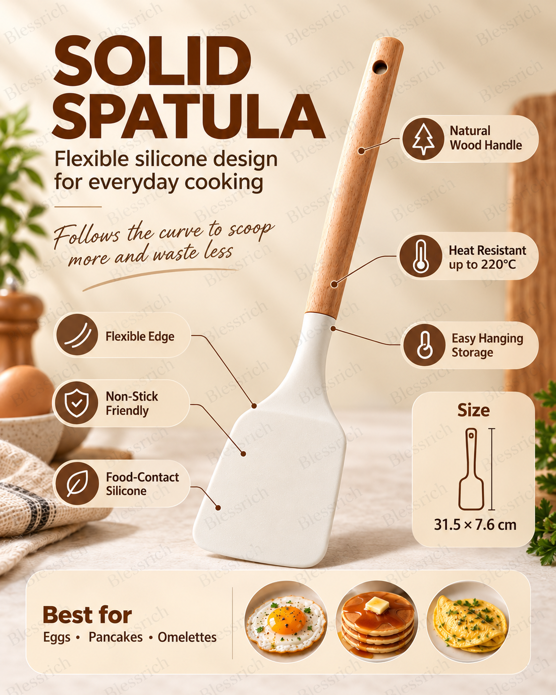 🍳 Flexible Silicone Kitchen Utensils – 3-Piece Wood Handle Cooking Set