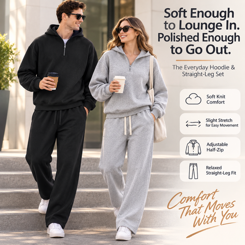🧥 2-Piece Half-Zip Knit Hoodie & Straight-Leg Sweatpants Lounge Set 👖