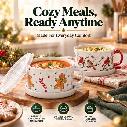 🥣 4-Piece 25-oz Ceramic Soup Mug Meal Sets with Lid-its & Storage Covers 🎁