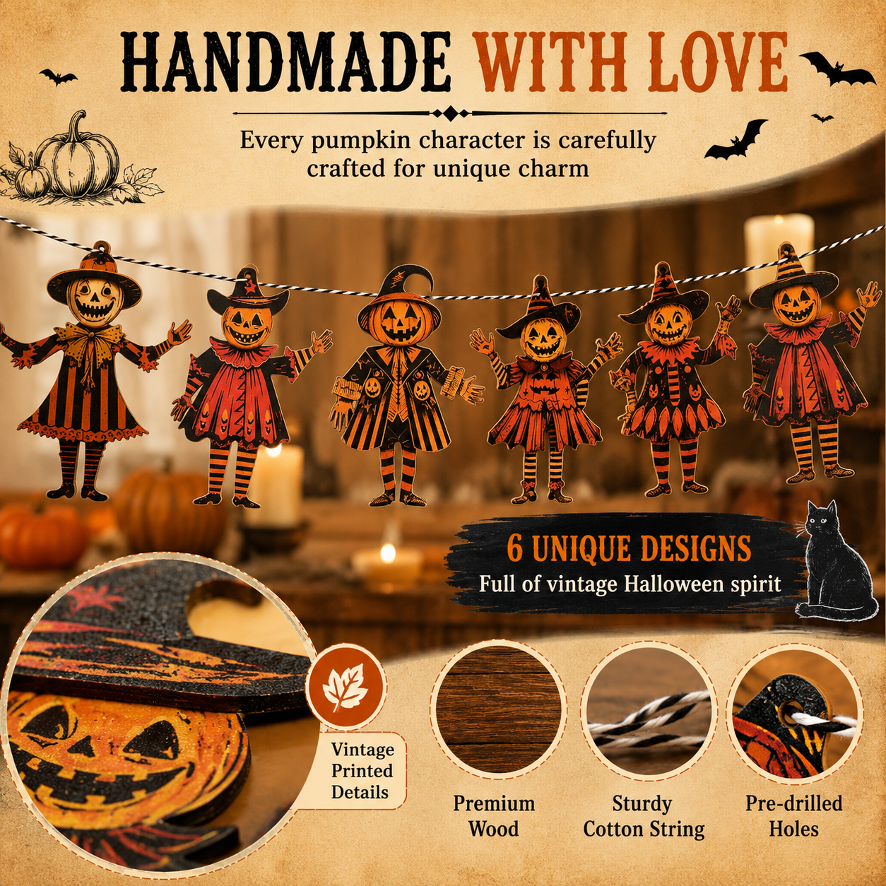 🎃 6 Piece Vintage Wooden Pumpkin Character Halloween Garland Banner Cutouts 🎃