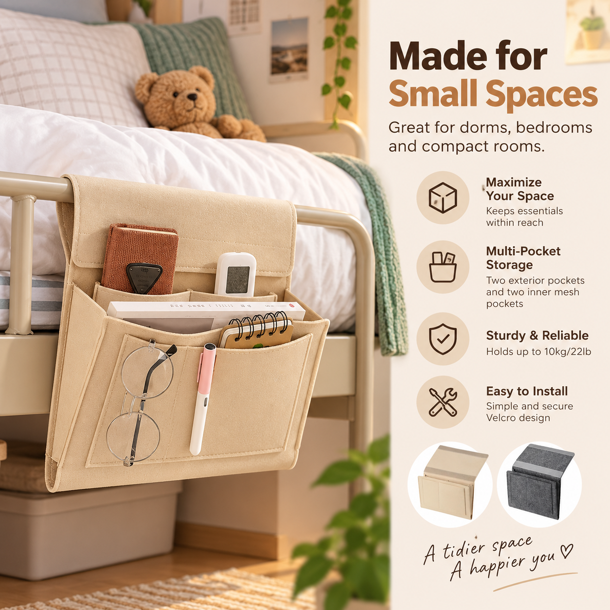 🛏️ Hanging Felt Bedside Caddy Organizer – 5-Pocket Mattress & Sofa Storage ✨