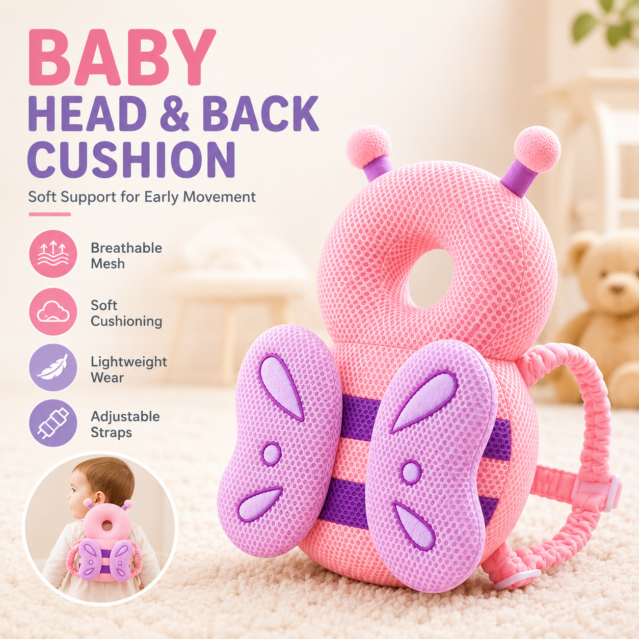 👶 Baby Head Protection Cushion Pad Toddler Walking Crawling Safety Pillow 🦋