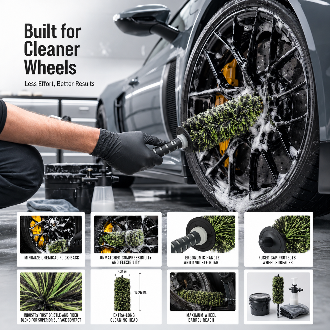 🚗 DeepReach™ Wheel Barrel Cleaning Brush – 17"+ Flexible Low-Splash Detail Brush