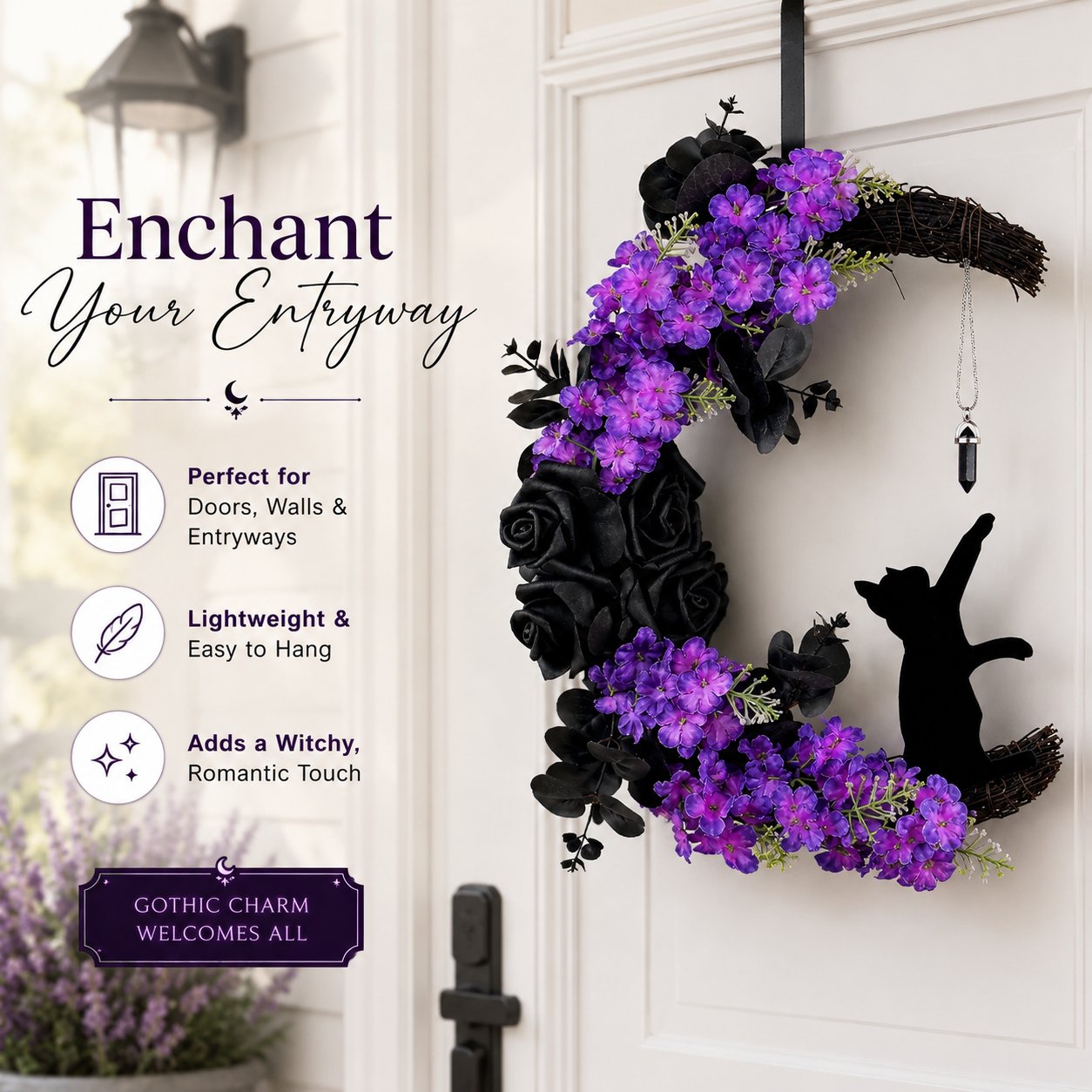 🌙 Halloween Crescent Moon Cat Wreath – Add A Witchy Purple Glow To Your Door 🐈‍⬛