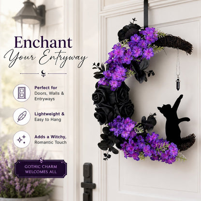 🌙 Halloween Crescent Moon Cat Wreath – Add A Witchy Purple Glow To Your Door 🐈‍⬛