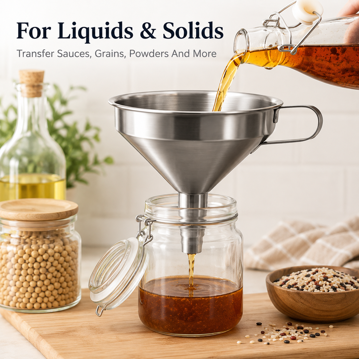 Stainless steel funnel, suitable for transferring oils and liquids; kitchen funnel with a brush