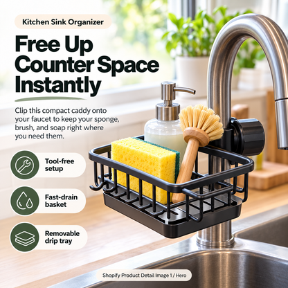 🧽✨Faucet-Mounted Kitchen Sink Organizer – Adjustable No-Drill Sponge & Brush Holder with Removable Drip Tray, Space-Saving Storage Caddy