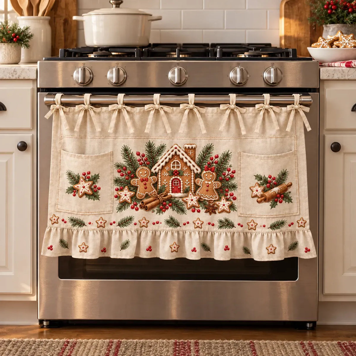 🎄 Christmas Kitchen Tie-On Skirt with Pockets & Ruffled Trim - Appliance Valance