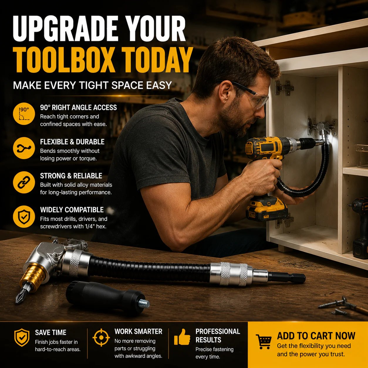 🎁HOT DEAL – Up to 49% OFF🔥🔧 Flexible 90° Right Angle Drill Attachment – Tight Space Driver Adapter