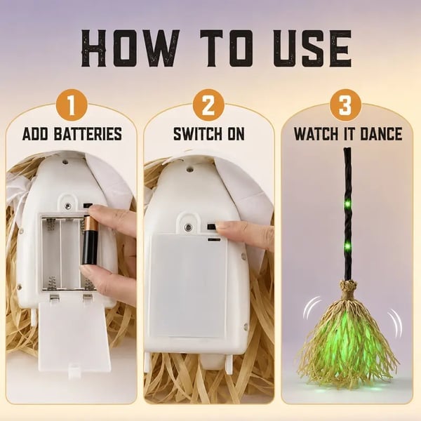 🧹Animated Witch Broom – Spooky Moving Halloween Decor with Sound & Lights! 👻✨