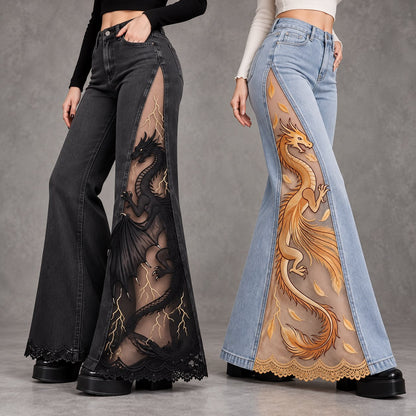 ✨ Women's Sheer Panel Jeans 🖤 Delicate Dragon Embroidery