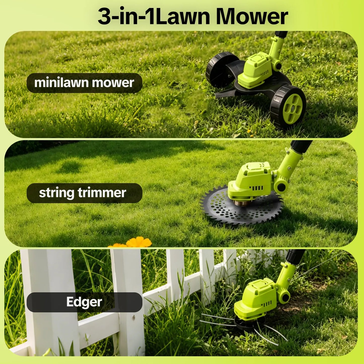 3-in-1 Cordless Lawn Mower with 2×21V Batteries, German Quality Lightweight Grass Trimmer & Edger