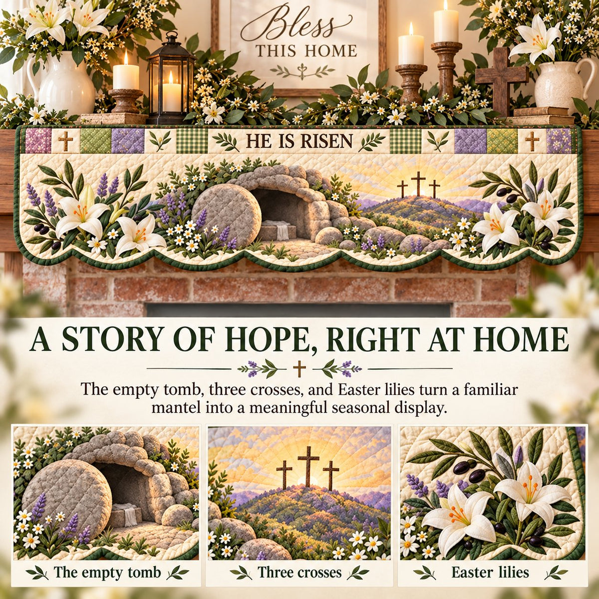 ✝️ 50% OFF Easter Faith Mantel Scarf – Christian Patchwork Fireplace Décor 🌷