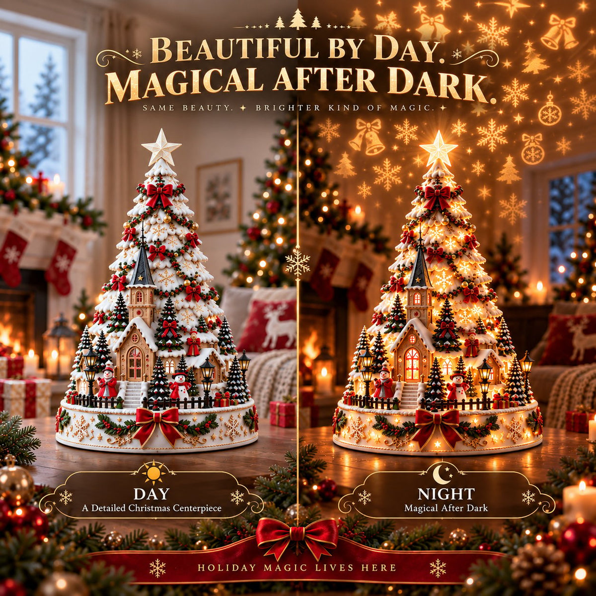 🏆 60,000+ Sold - 🎄Christmas Village Projection Centerpiece-Christmas Village Lightscape Tree