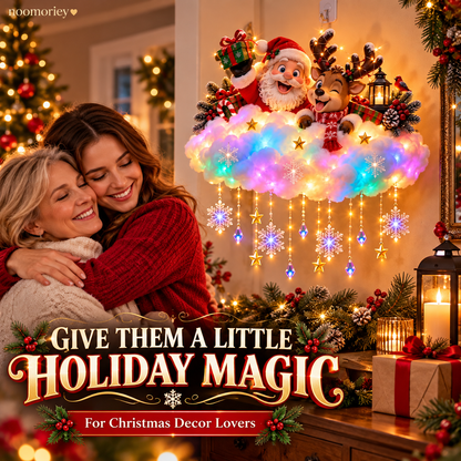 🎅 Santa & Reindeer Christmas Cloud Light – Colorful Glow with Hanging Stars & Snowflakes
