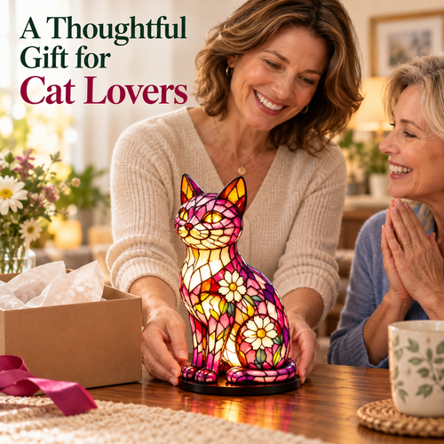 🌸🐱 Floral Mosaic Cat Lamp – A Warm Glow for Every Cat Lover’s Home