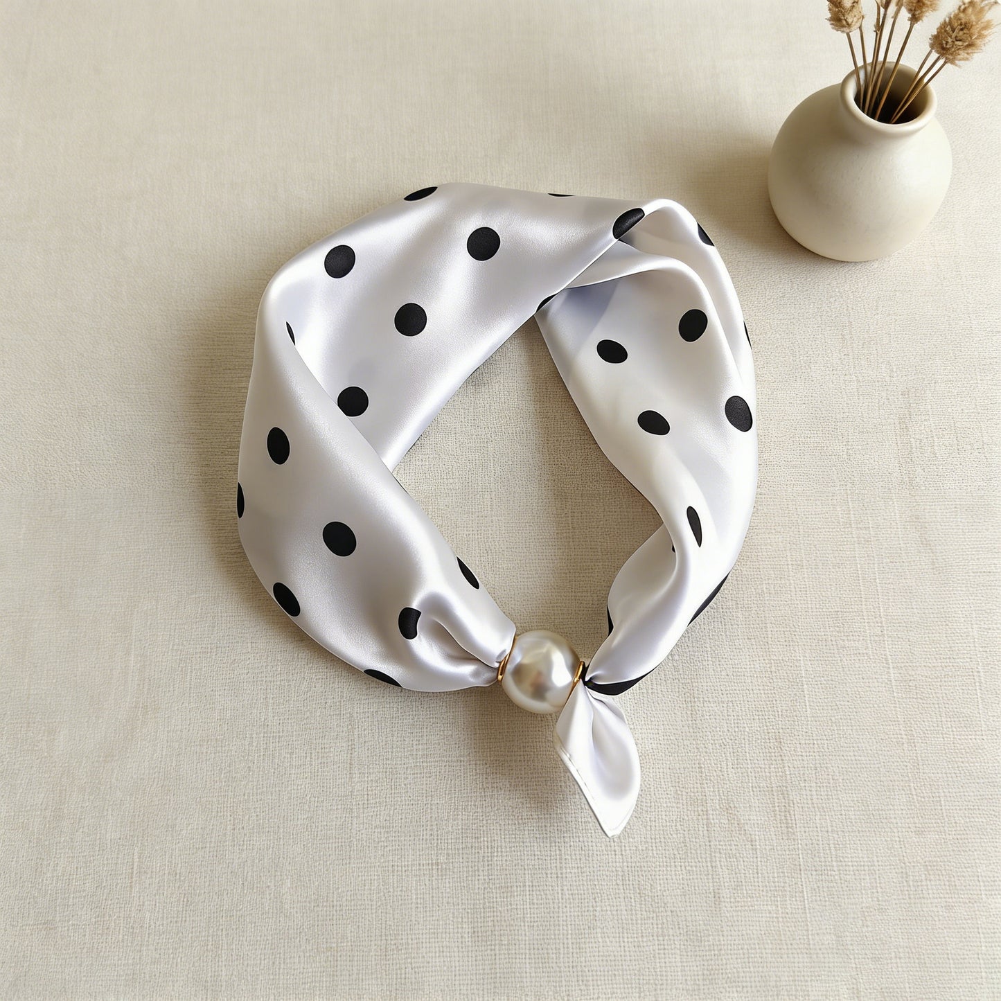 🔥HOT SALE 🧣 Elegant Pearl Clasp Scarf Necklace & Silk Feel Scarf ⚪