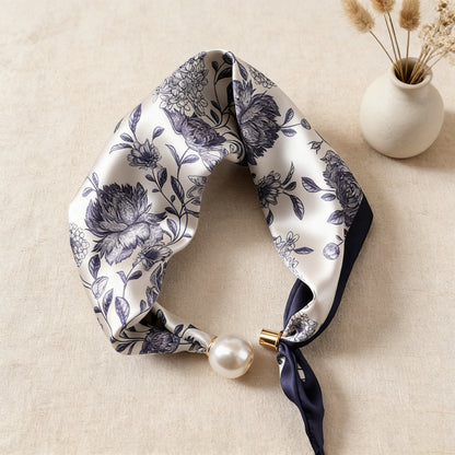 🔥HOT SALE 🧣 Elegant Pearl Clasp Scarf Necklace & Silk Feel Scarf ⚪