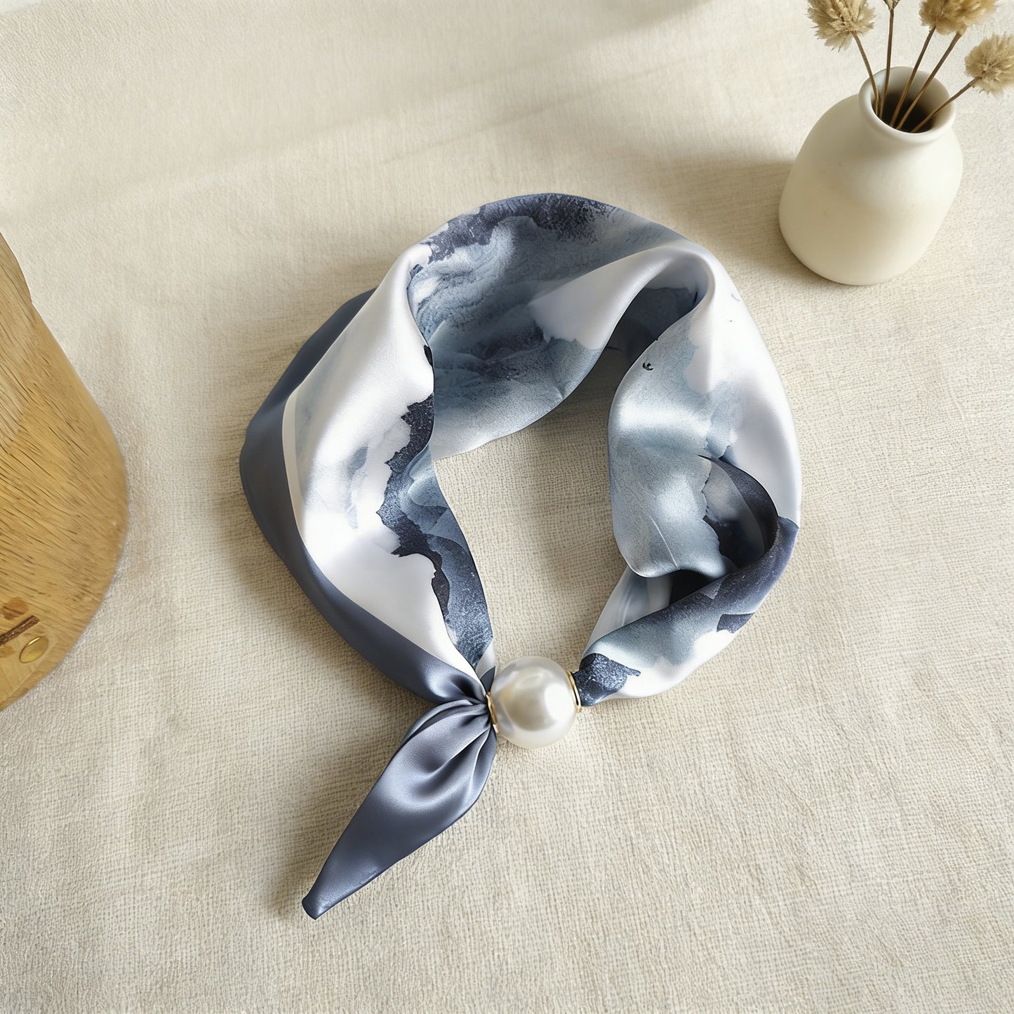 🔥HOT SALE 🧣 Elegant Pearl Clasp Scarf Necklace & Silk Feel Scarf ⚪