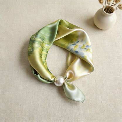 🔥HOT SALE 🧣 Elegant Pearl Clasp Scarf Necklace & Silk Feel Scarf ⚪
