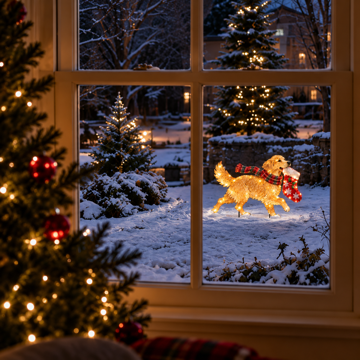 🐕🎄 Stocking Dash™ | Lighted Golden Retriever Christmas Yard Stake