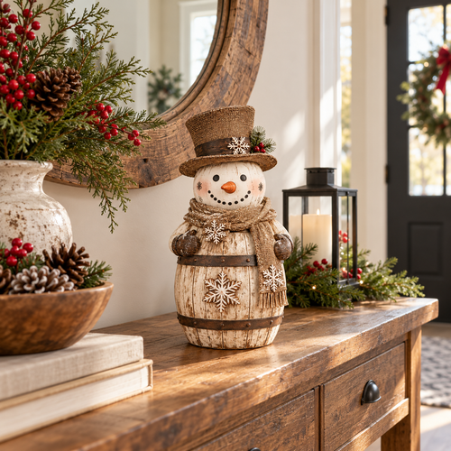 Vintage Whitewashed Barrel Snowman Figurine ⛄🪵 – Rustic Christmas Farmhouse Decor