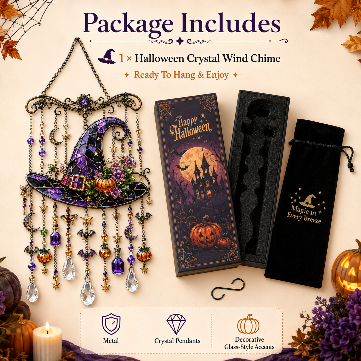 🔥Limited time 70% OFF -🎃💎 Halloween Crystal Wind Chime – Stained Glass Hanging Garden Décor