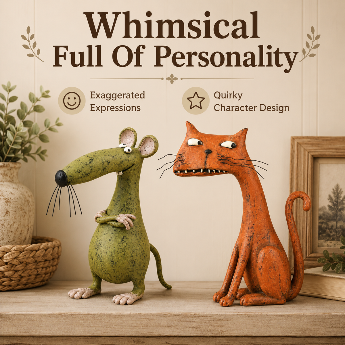 🐾 Whimsical Animal Figurine – Vintage Distressed Resin Cat & Mouse Decor ✨